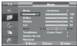 TV Modo Modo : Dinâmico Contraste 100 Brilho 45 Nitidez 75 Cor 55 Matiz G 50 R 50 Tonalidade : Cores frias1 Gestor de cor Reiniciar Mover Enter Voltar