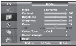TV Mode Mode : Dynamic Contrast 100 Brightness 45 Sharpness 75 Colour 55 Tint G 50 R 50 Colour Tone : Cool Colour Manager Reset Move Enter Return