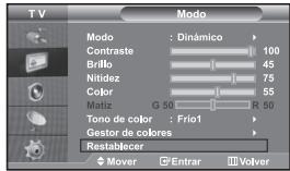TV Modo Modo : Dinámico Contraste 100 Brillo 45 Nitidez 75 Color 55 Matiz G 50 R 50 Tono de color : Frio1 Gestor de colores Restablecer Mover Entrar Volver