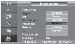TV Impostazione Plug & Play Lingua : English Ora : Deutsch Modalità gioco : Français Pagina blu : Italiano Melodia : Svenska PC : Español Risp, energia : Blue Eye : On Sposta Conferma Ritorno