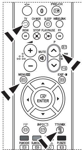 PRE-CH TV CHMGR SLEEP WISELINK REW STOP PLAYPAUSE FF P MUTE - MENUO EXIT ENTER PIP INFO TTX/MIX PMODE SJMOL P.SIZE