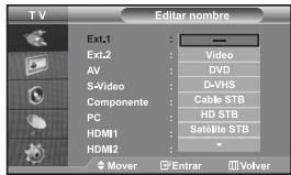 TV Ext.1 Ext.2 AV S-Video Componente PC HDMI1 HDMI2 Mover Enterar Volver Video DVD D-VHS Cable STB HD STB Satellite STB