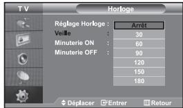 TV Horloge Réglage Horloge : Arrêt Vetille : 30 Minuterie ON : 60 Minuterie OFF : 90 120 150 180 Déplacer Entrer Retour