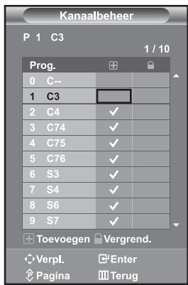 Kanaalbeheer P 1 C3 1 / 10 Prog. 0 C-- 1 C3 2 C4 ✓ 3 C74 ✓ 4 C75 ✓ 5 C76 ✓ 6 S3 ✓ 7 S4 ✓ 8 S6 ✓ 9 S7 ✓ Toevoegen Vergrend. Verpl. Enter Pagina Terug