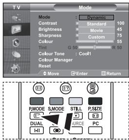 T V Mode Dynamic Contrast Standard 100 Brightness Movie 45 Sharpness Custom 76 Colour 55 Tint G 50 R 50 Colour Tone : Cool1 Colour Manager Reset Move Enter Return P:MODE S:MODE STILL P:SIZE DUAL URCE PC
