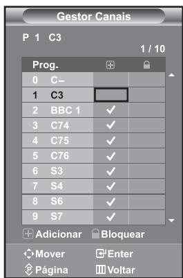 Gestor Canais P 1 C3 1 / 10 Prog. 0 C- 1 C3 2 BBC 1 ✓ 3 C74 ✓ 4 C75 ✓ 5 C76 ✓ 6 S3 ✓ 7 S4 ✓ 8 S6 ✓ 9 S7 ✓ Adicionar Bloquear Mover Enter Página Voltar