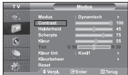 TV Modus Modus : Dynamisch Contrast 100 Helderheid 45 Scherpte 75 Kleur 55 Tint G 50 R 50 Kleur tint : KoeH Kleurbeheer Reset Verpl Enter Terug