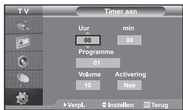Timer aan Uur 00 min 00 Programme 01 Volume 10 Activering Nee Verpl. Instellen Terug