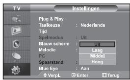 T V Instellingen Plug & Play Taalkeuze : Nederlands Tijd Spelmodus : Uit Blauw scherm : Uit Melodie : Laag PC : Middel Spaarstand : Hoog Blue Eye : Aan Verpl. Enter Terug