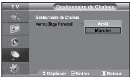 TV Gestionnaire de Chaînes Gestionnaire de Chaînes Verrouillage Parental : Arrêt Marche Déplacer Entrer Retour