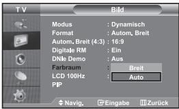 TV Bild Modus : Dynamisch Format : Autom, Breit Autom, Breit (4:3) : 16:9 Digitale RM : Ein DNle Demo : Aus Farbraum : Breit LCD 100Hz : Auto PIP Navig. Eingabe Zurück
