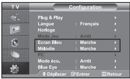 TV Configuration Plug & Play Langue : Français Horloge Mode Jeu : Arrêt Ecran Bleu : Marche Mélodie : Marche PC Mode éco. : Arrêt Blue Eye : Marche Déplacer Entrer Retour
