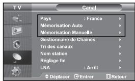 T V Canal Pays : France Mémorisation Auto Mémorisation Manuelle Gestionnaire de Chaînes Tri des canaux Nom station Réglage fin LNA : Arrêt Déplacer Entrer Retour