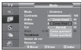 T V Modo Contraste Brilho Nitidez Cor Matiz G 50 Cores quentes1 Tonalidade Gestor de cor Reiniciar Mover Enter Voltar