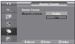 TV Gestor Canais Gestor Canais Bloqueio crianças : Deslig. Lig. Mover Enter Voltar