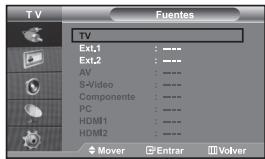 TV Fuentes TV Ext.1 : ---** Ext.2 : ---** AV : ---** S-Video : ---** Componente : ---** PC : ---** HDMI1 : ---** HDMI2 : ---** Mover Entrar Volver