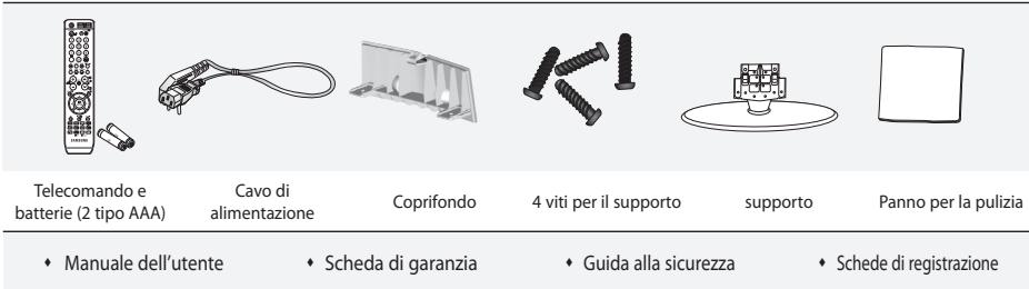 Telecomando e batterie (2 tipo AAA) Cavo di alimentazione Coprifondo 4 viti per il supporto supporto Panno per la pulizia ♦ Manuale dell'utente ♦ Scheda di garanzia ♦ Guida alla sicurezza ♦ Schede di registrazione