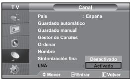 TV Canal País : España Guardado automático Guardado manual Gestor de Canales Ordenar Nombre Sintonización fina Desactivado LNA : Activado Mover Entrar Volver