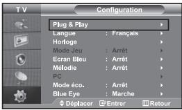 Configuration Plug & Play Langue : Français Horloge Mode Jeu : Arrêt Ecran Bleu : Arrêt Méolde : Arrêt PC Mode éco. : Arrêt Blue Eye : Marche Déplacer Entrer Retour
