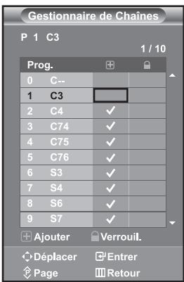 Gestionnaire de Chaîne P 1 C3 1 / 10 Prog. 0 C-- 1 C3 2 C4 ✓ 3 C74 ✓ 4 C75 ✓ 5 C76 ✓ 6 S3 ✓ 7 S4 ✓ 8 S6 ✓ 9 S7 ✓ + Ajouter Verrouil. Déplacer Entrer Page Retour