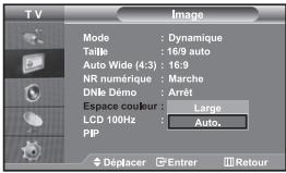 TV Mode : Dynamique Taille : 16/9 auto Auto Wide (4:3) : 16:9 NR numérique : Marche DNLE Demo : Arrêt Espace couleur : Large LCD 100Hz : Auto. PIP Déplacer Entrer Retour