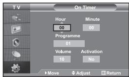 TV On Timer Hour 00 Minute 00 Programme 01 Volume 10 Activation No Move Adjust Return