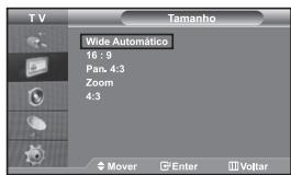 T V Wide Automático 16:9 Pan. 4:3 Zoom 4:3 Mover Enter Voltar