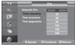 TV Ora Imposta Ora : Off Timer stand-by : 30 Timer accensione : 60 Timer spegnimento : 90 120 150 180 ◆ Sposta □ Conferma ▪ Ritorno