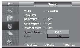 TV Sound Mode : Custom Equalizer SRS TSXT : Off Auto Volume : Off Internal Mute : Off Sound Select : Main Reset Sub Move Enter Return