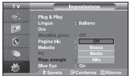 T V Impostazione Plug & Play Lingua : Italiano Ora Modalità gioco : Off Pagina blu : Off Melodia : Bassa PC : Medio Risp, energia : Alto Blue Eye : On ◆ Sposta □ Conferma □ Ritorno