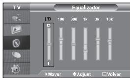 TV Equalizador I/D 100 300 1k 3k 10k D I Mover Adjust Volver