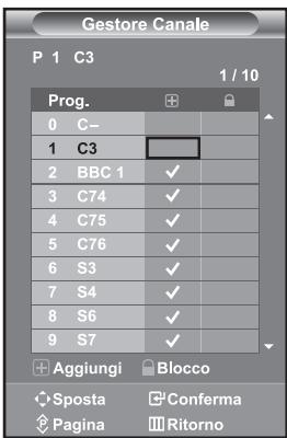 Gestore Canale P 1 C3 1 / 10 Prog. 0 C- 1 C3 2 BBC 1 ✓ 3 C74 ✓ 4 C75 ✓ 5 C76 ✓ 6 S3 ✓ 7 S4 ✓ 8 S6 ✓ 9 S7 ✓ Aggiungi Blocco Sposta Conferma Pagina Ritorno