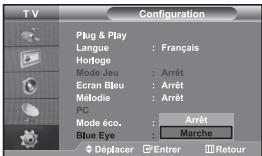 TV Configuration Plug & Play Langue : Français Horloge Mode Jeu : Arrêt Ecran Bleu : Arrêt Mélodie : Arrêt PC Mode éco. : Arrêt Blue Eye : Marche Déplacer Entrer Retour