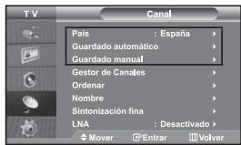TV Canal Pais : España Guardado automático Guardado manual Gestor de Canales Ordenar Nombre Sintonización fina LNA : Desactivado Mover Entrar Volver