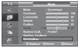 TV Mode Contraste : Dynamique 100 Luminosité 45 Nettoté 75 Couleur 55 Teinte V 50 R 50 Nuance Coul. : Froide1 Gestion, Couleurs Réinitialiser Déplacer Entrer Retour