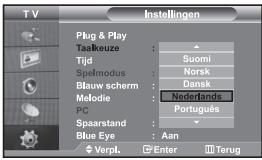 TV Instellingen Plug & Play Tsaikeuze : Tijd Spelmodus : Blauw scherm : Melodie : PC Spaarstand : Blue Eye : Verpl. Enter Terug