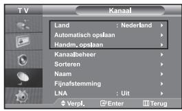 TV Kanaal Land : Nederland > Automatisch opslaan > Handm, opslaan > Kanaalbeheer > Sorteren > Naam > Fijnafstemming > LNA : Uit > Verpl, Enter Terug