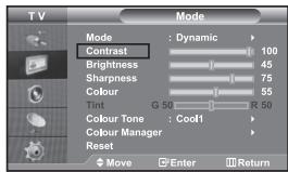 TV Mode Mode : Dynamic Contrast 100 Brightness 45 Sharpness 75 Colour 55 Tint G 50 R 50 Colour Tone Cool1 Colour Manager Reset Move Enter Return