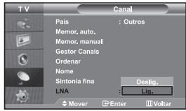 TV Pais : Outros Memor, auto, Memor, manual Gestor Canais Organar Nome Sintonia fina Deslig. LNA : Lig. Mover Enter Voltar