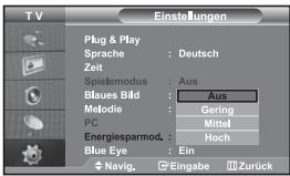 TV Einstellungen Plug & Play Sprache : Deutsch Zeit Spielemodus : Aus Blaues Bild : Aus Melodie : Gering PC : Mittel Energiesparmod. : Hoch Blue Eye : Ein Navig. Eingabe Zurück