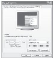 Display Properties Theme / Desktop / Screen Server / Appearance / Settings Display Initial Monitor on MRDA Surface Kit S200 Screen settings Low More High (12 bit) T30/My 768 pixels Close button Adjusted OK Cancel Help