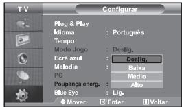 T V Configurar Plug & Play Idioma : Português Tempo Modo Jogo : Deslig. Ecrà azul : Destig. Melodia : Baixa PC : Médio Poupança energ. : Alto Blue Eye : Lig. Mover Enter Voltar