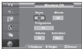 T V Minuterie ON Heure 00 Minute 00 Programme 01 Volume 10 Activation Non Déplacer Régler Retour
