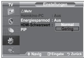 TV Einstellungen △Mehr Heimkino-PC : Aus Energiesparmod : Aus HDMI-Schwarzwert : Normal PIP Gering Navig Eingabe Zurück