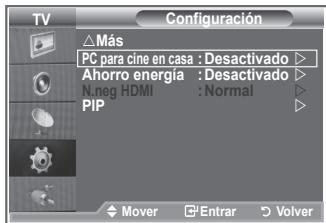 TV Configuración △ Más PC para cine en casa : Desactivado ▶ Ahorro energía : Desactivado ▶ N.neg HDMI : Normal ▶ PIP Mover □ Entrar ▷ Volver