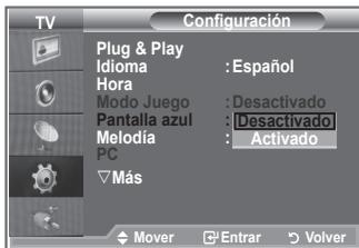 TV Configuración Plug & Play Idioma : Español Hora Modo Juego : Desactivado Pantalla azul : Desactivado Melodia : Activado PC ▼ Más Mover Entrar Volver