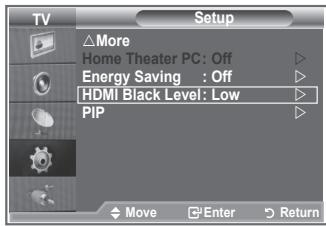 TV Setup △More Home Theater PC: Off Energy Saving : Off HDMI Black Level: Low PIP Move Enter Return