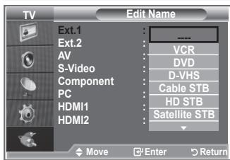 TV Edit Name Ext.1 Ext.2 AV S-Video Component PC HDMI1 HDMI2 VCR DVD D-VHS Cable STB HD STB Satellite STB Move Enter Return