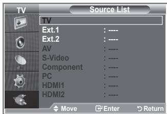 TV Source List TV Ext.1 : ---- Ext.2 : ---- AV : ---- S-Video : ---- Component : ---- PC : ---- HDMI1 : ---- HDMI2 : ---- Move Enter Return
