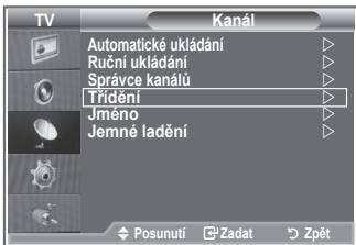 TV Kanál Automatické ukládání Ruční ukládání Správce kanálů Trídění Jméno Jemné ladění Posunutí Zadat Zpět